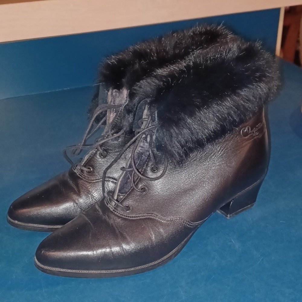 1970s CHRISTIAN FRANCHET Size 7.5 Black Leather Heeled Boots, Fur Trim